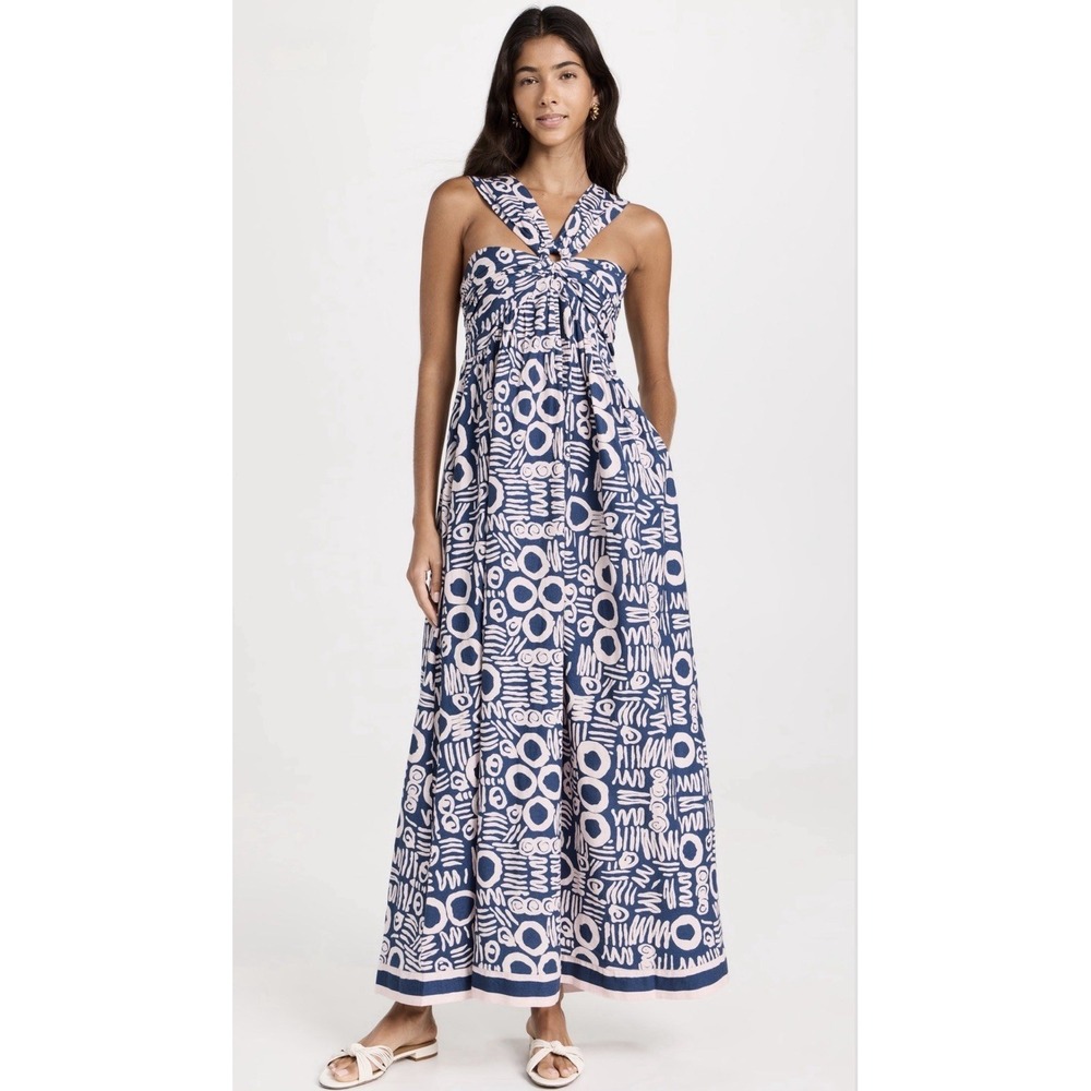 Cleobella Zola Maxi Dress Isla Blue Halter Cotton Linen NWT Size L Boho Cottage